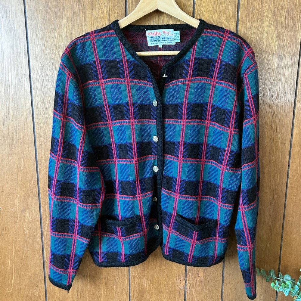 Vintage Tally Ho Plaid Cardigan Sweater Women's L Button Front Pockets Knit